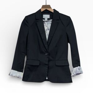 H&M Womens Blazer Black Classic Single Breasted Notch Lapel Contrast Lining Sz 6
